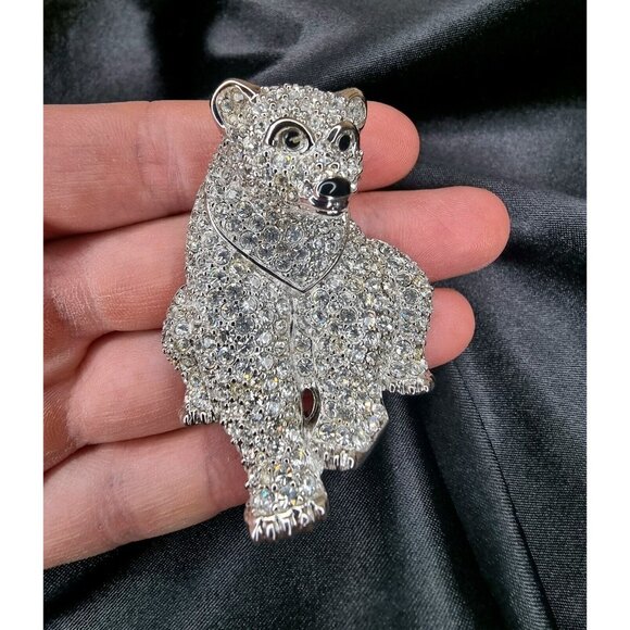 Swarovski Swan Signed Silver Tone Clear Crystals Black Eyes Polar Bear Brooch - Picture 1 of 5